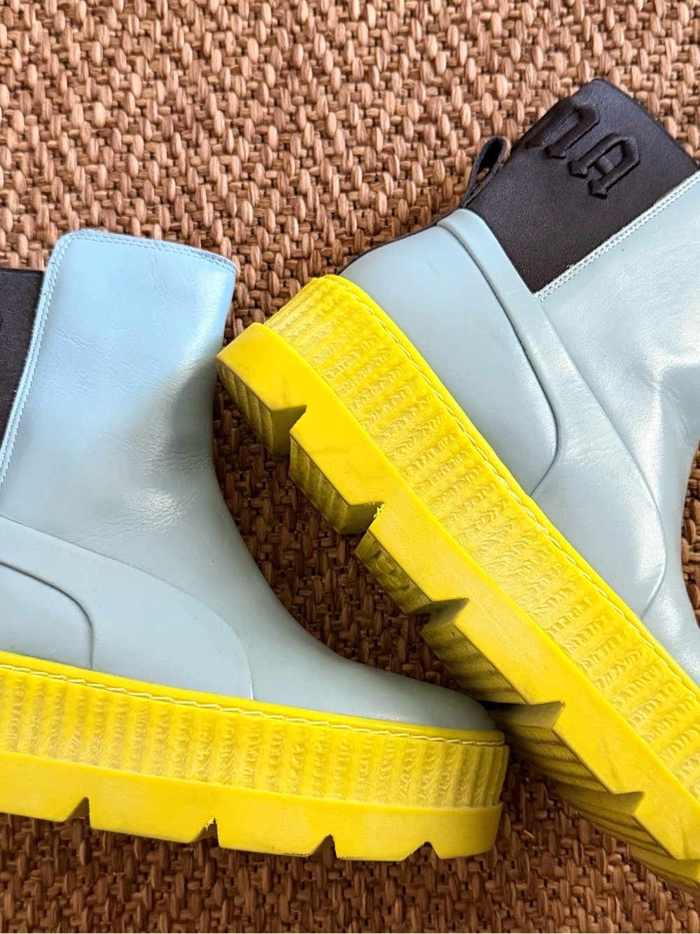 Women'sPuma Fenty Light Blue Creeper Chelsea Booties with Yellow Lug Sole
